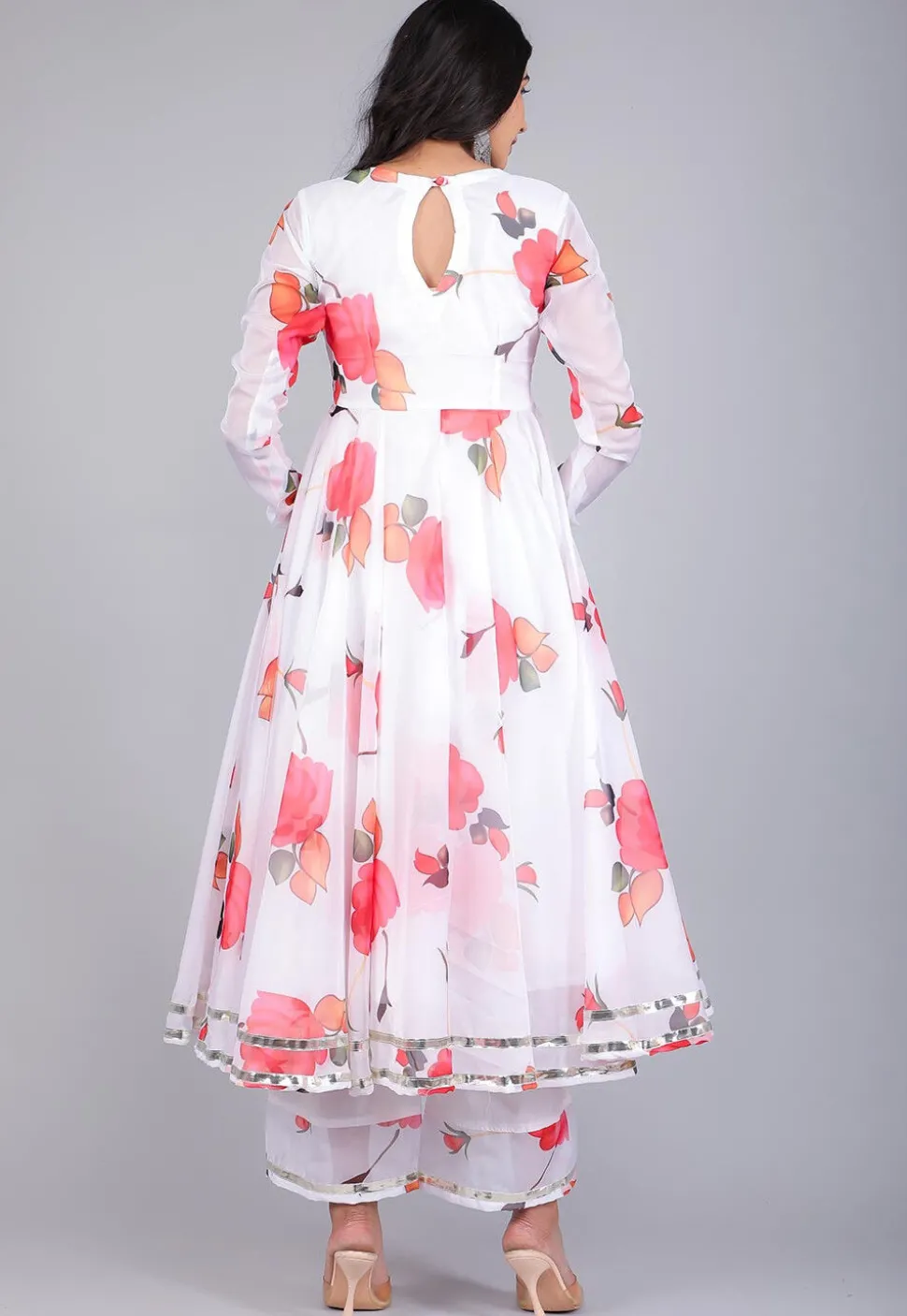 Digital Printed Organza A Line Suit in White