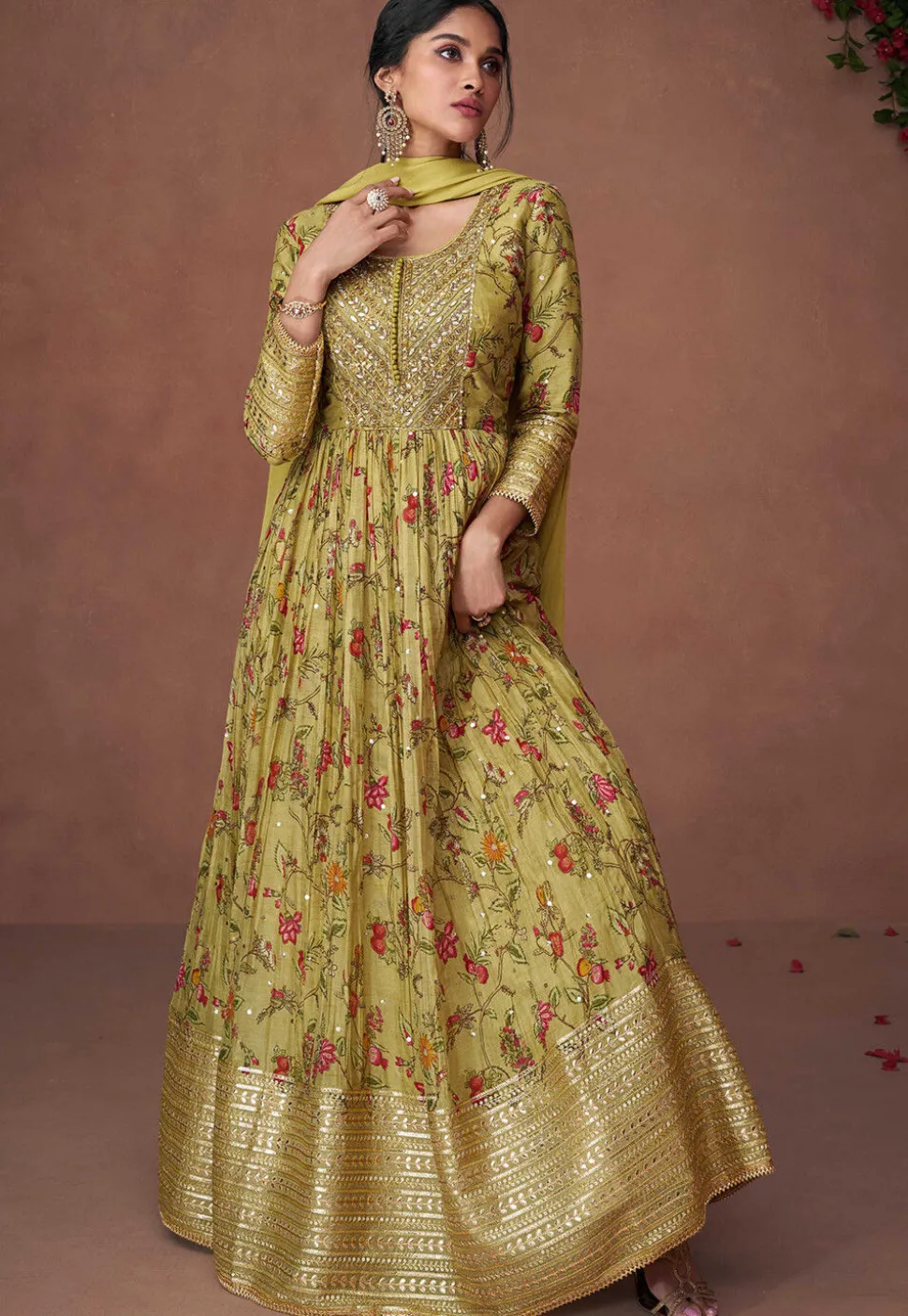 Digital Printed Organza Abaya Style Kameez in Olive Green