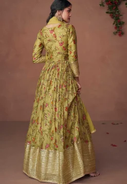Digital Printed Organza Abaya Style Kameez in Olive Green