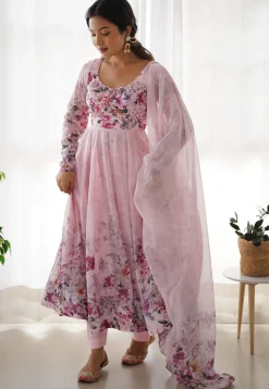 Digital Printed Organza Anarkali Suit in Pink