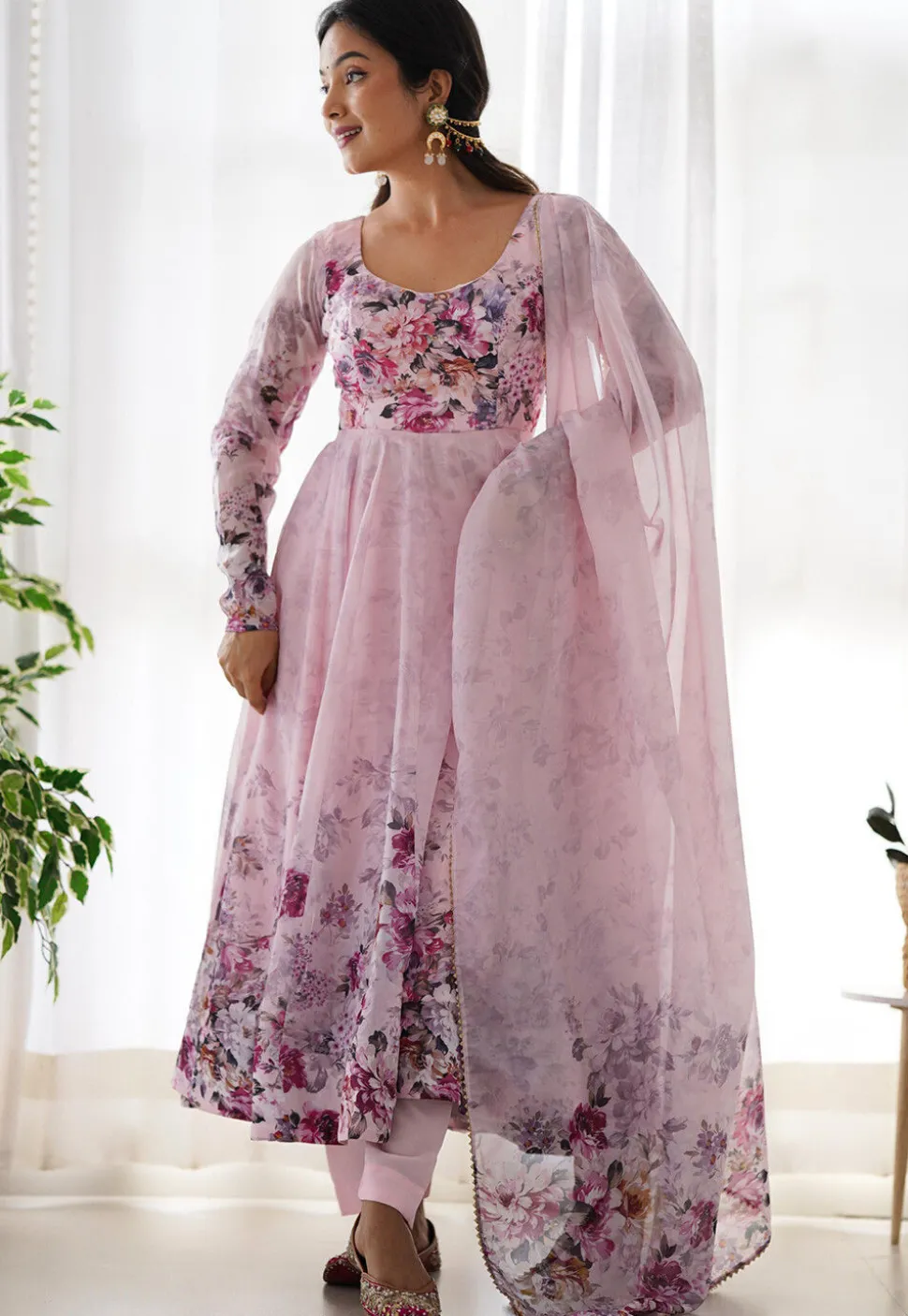 Digital Printed Organza Anarkali Suit in Pink