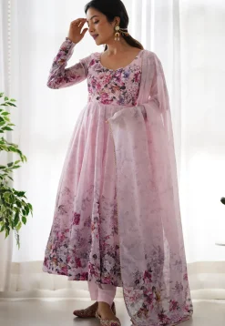 Digital Printed Organza Anarkali Suit in Pink
