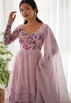 Digital Printed Organza Anarkali Suit in Pink