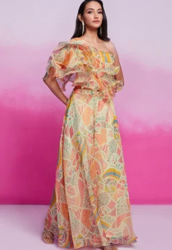 Digital Printed Organza Co Ord Set in Light Beige