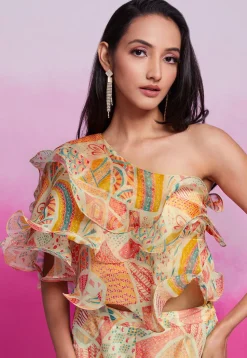 Digital Printed Organza Co Ord Set in Light Beige