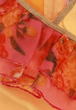 Digital Printed Organza Crop Top N Skirt in Pink and Yellow