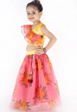 Digital Printed Organza Crop Top N Skirt in Pink and Yellow