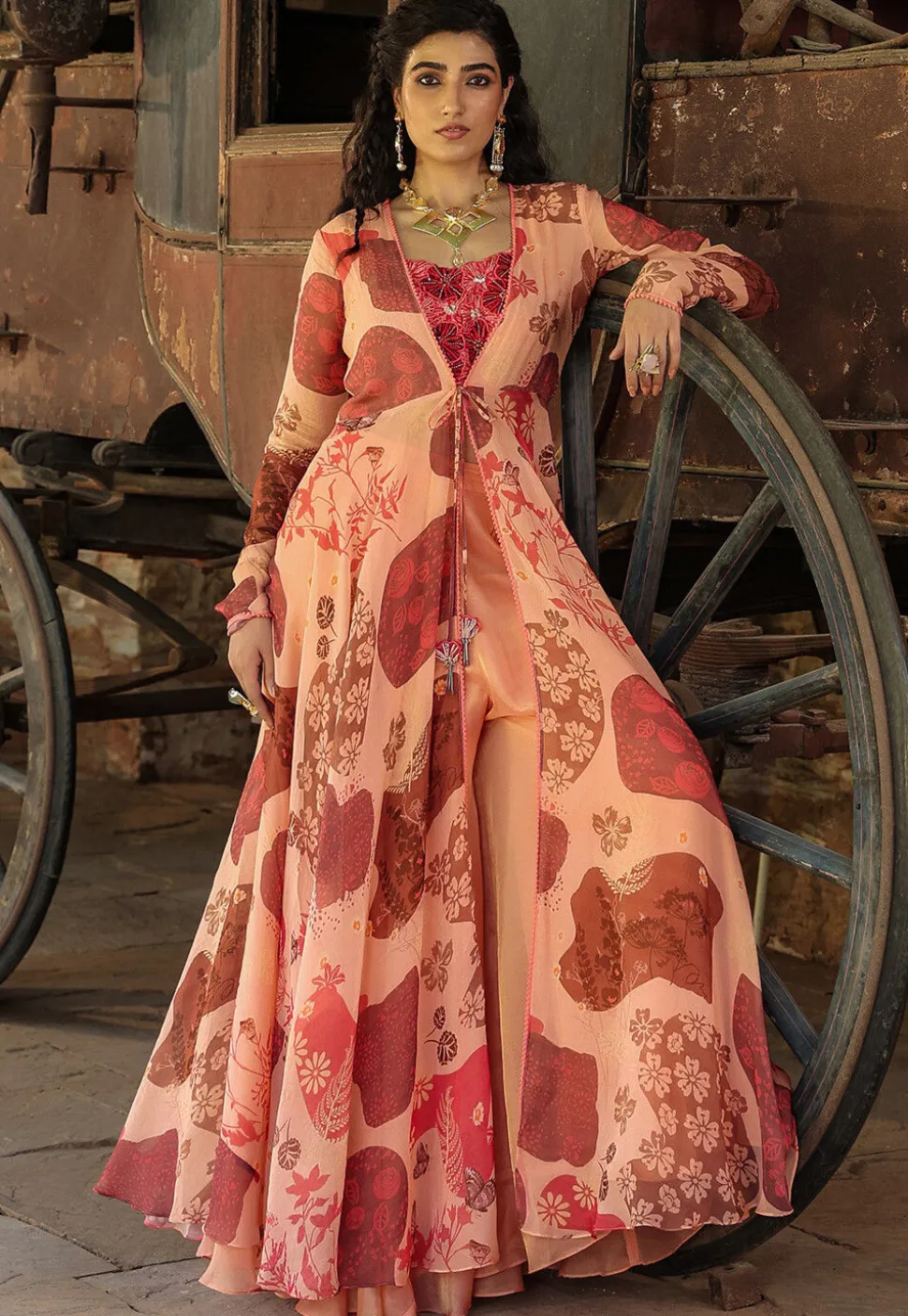Digital Printed Organza Crop Top Set in Peach