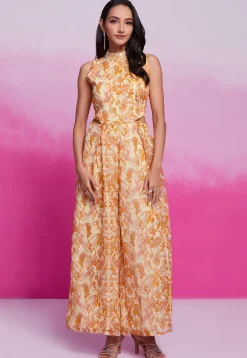 Digital Printed Organza Jumpsuit in Light Beige