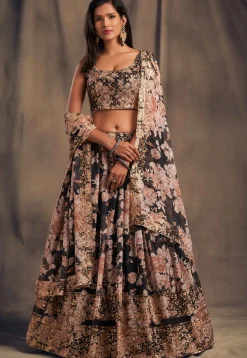 Digital Printed Organza Lehenga in Black
