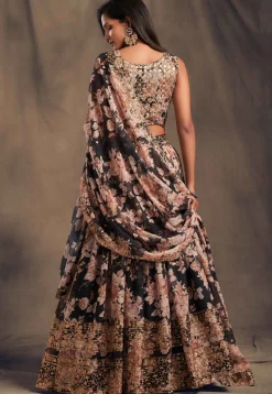 Digital Printed Organza Lehenga in Black