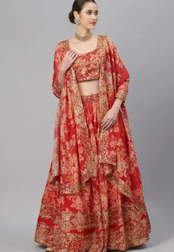 Digital Printed Organza Lehenga in Red