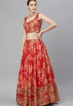 Digital Printed Organza Lehenga in Red