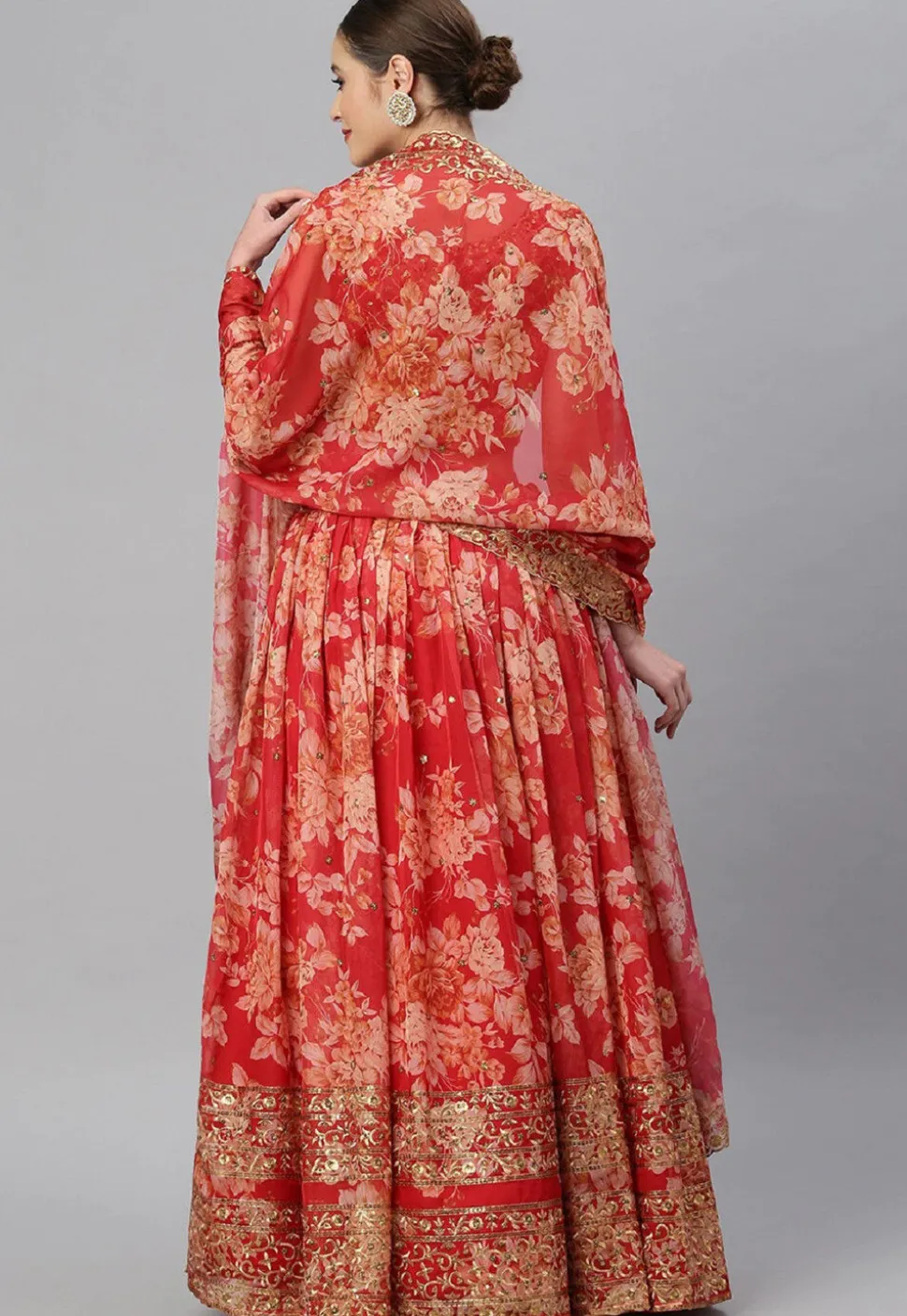 Digital Printed Organza Lehenga in Red