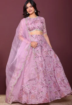 Digital Printed Organza Lehenga in Purple