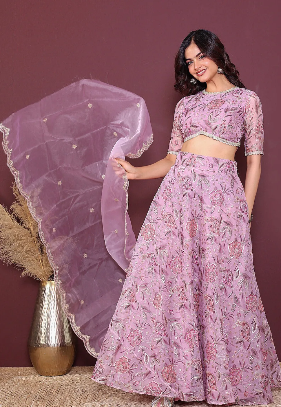 Digital Printed Organza Lehenga in Purple