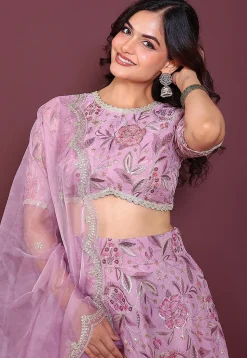 Digital Printed Organza Lehenga in Purple