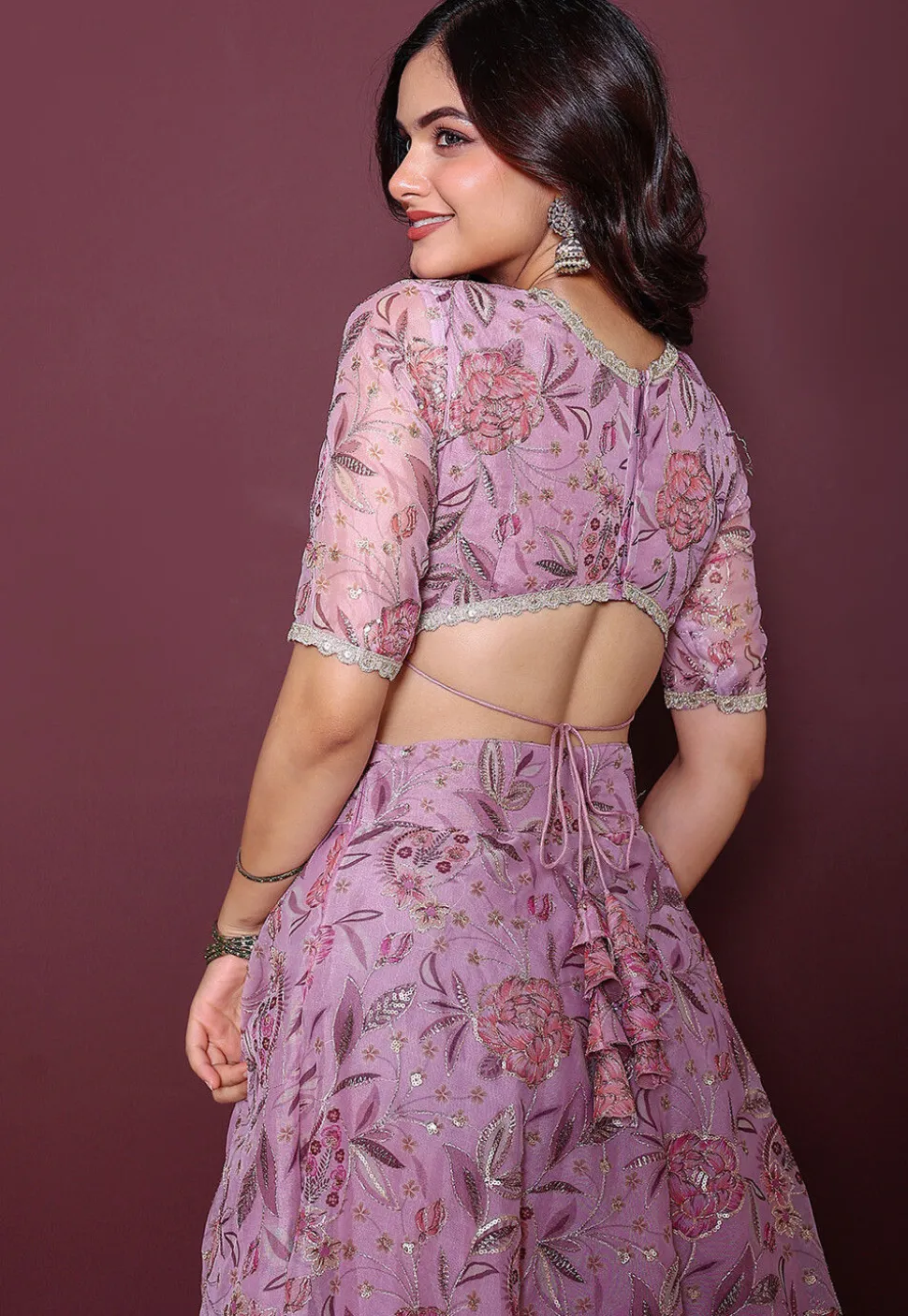 Digital Printed Organza Lehenga in Purple
