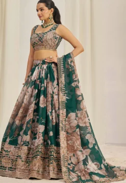 Digital Printed Organza Lehenga in Teal Green