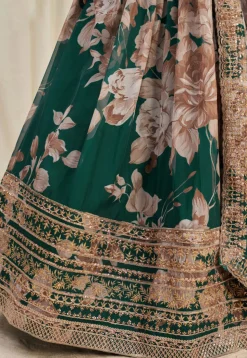 Digital Printed Organza Lehenga in Teal Green