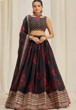Digital Printed Organza Lehenga in Black