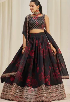 Digital Printed Organza Lehenga in Black