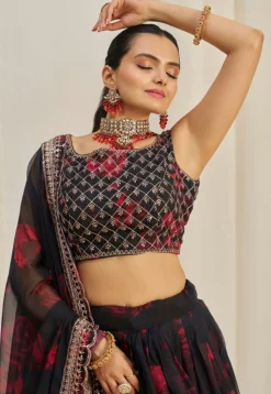 Digital Printed Organza Lehenga in Black