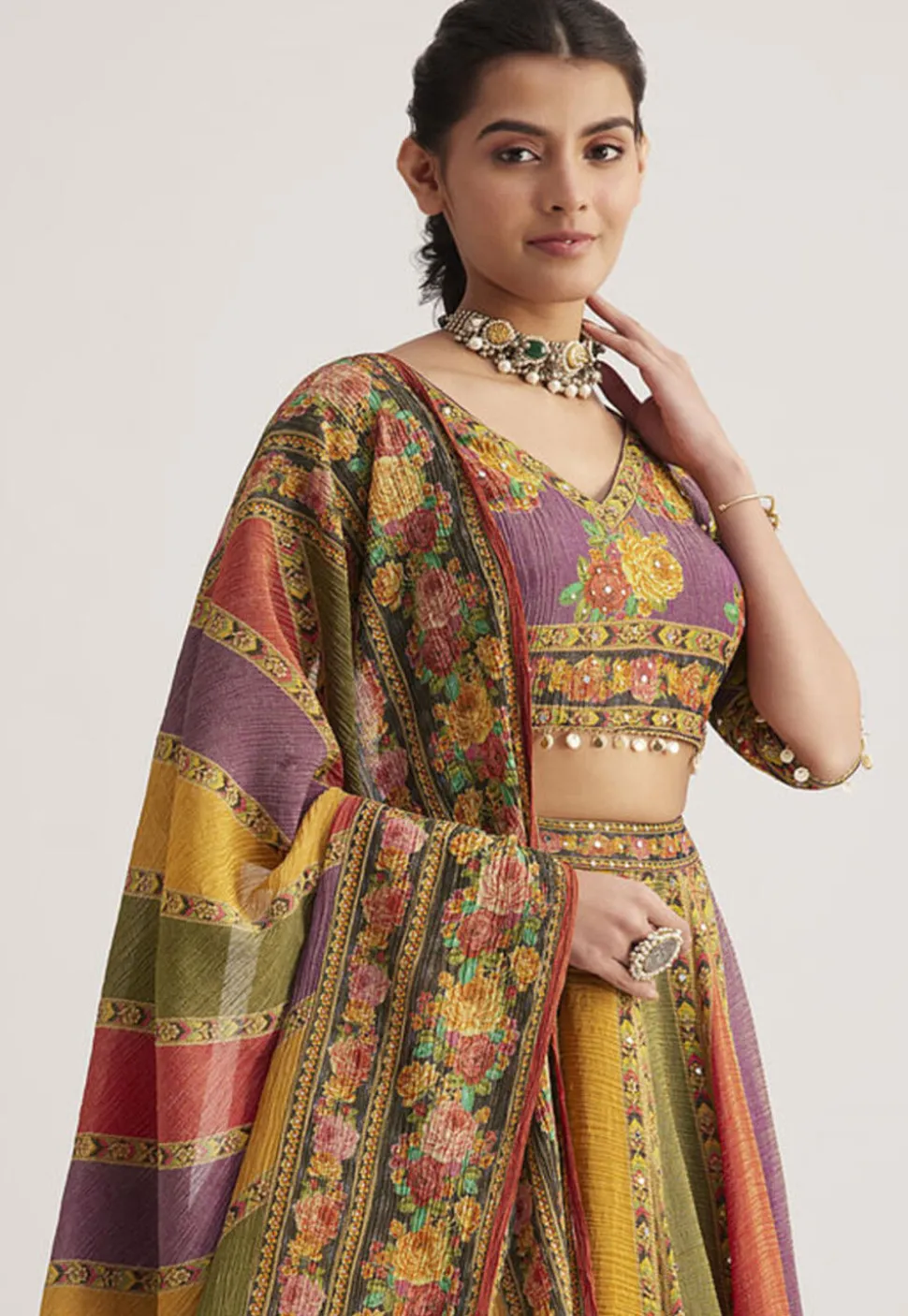 Digital Printed Organza Lehenga in Multicolor