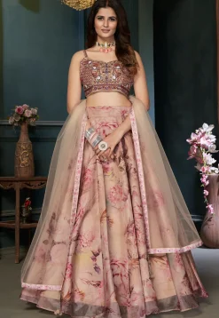 Digital Printed Organza Lehenga in Beige