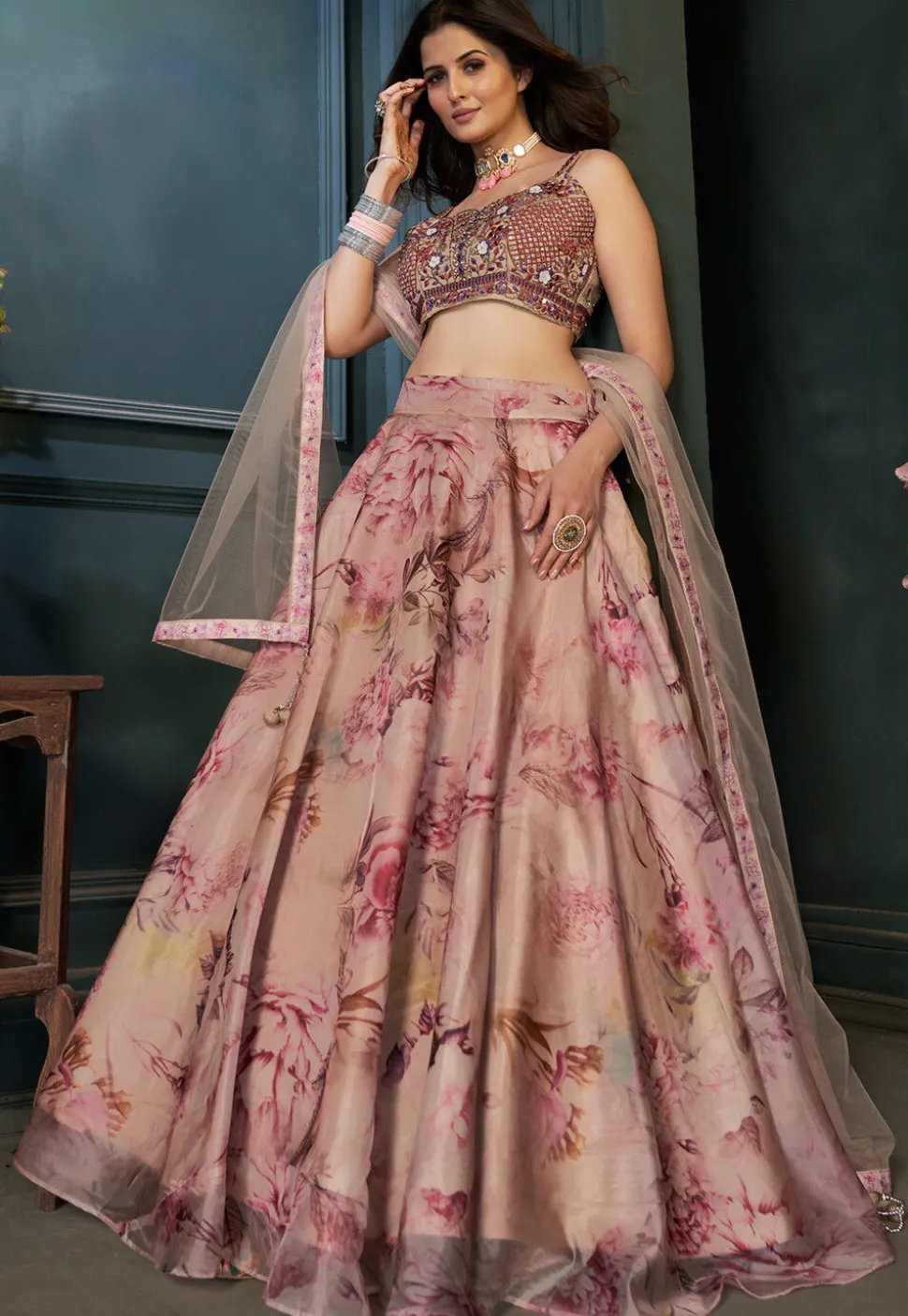 Digital Printed Organza Lehenga in Beige