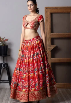Digital Printed Organza Lehenga in Red
