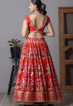 Digital Printed Organza Lehenga in Red