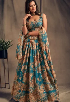 Digital Printed Organza Lehenga in Teal Blue