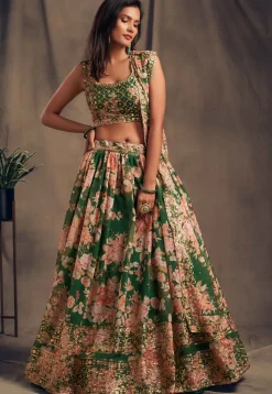 Digital Printed Organza Lehenga in Green