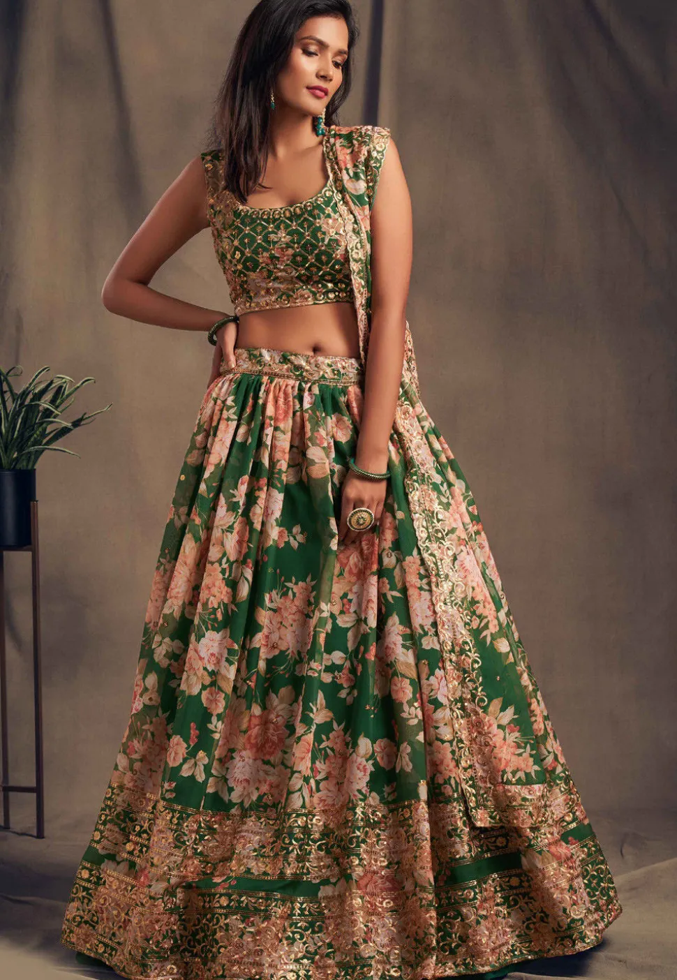 Digital Printed Organza Lehenga in Green