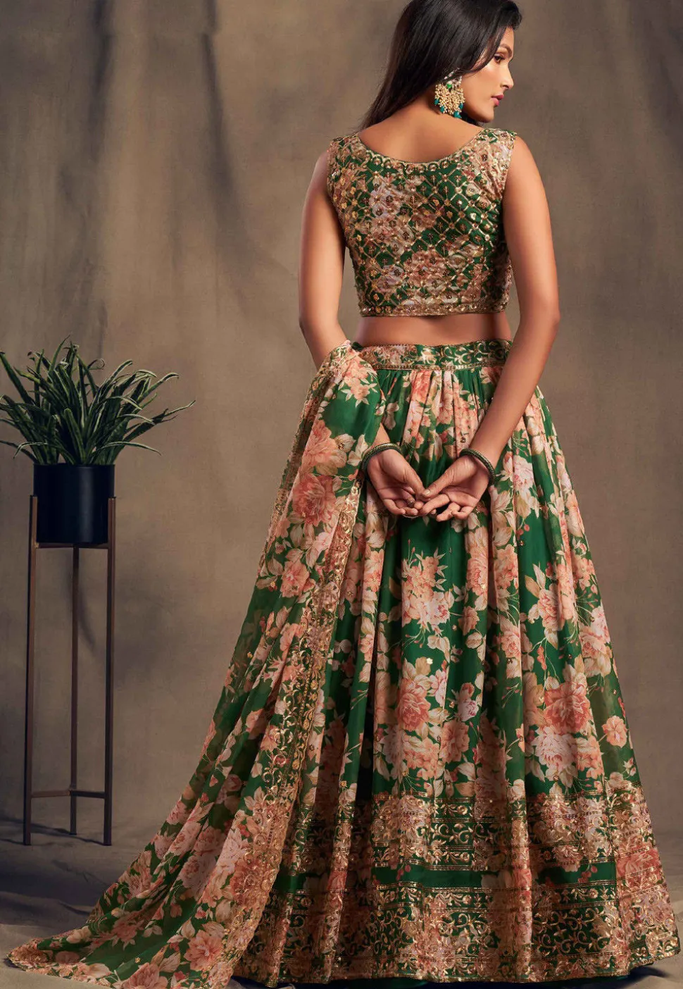 Digital Printed Organza Lehenga in Green