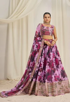 Digital Printed Organza Lehenga in Purple
