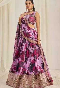 Digital Printed Organza Lehenga in Purple