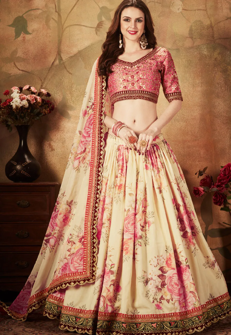 Digital Printed Organza Lehenga in Light Beige