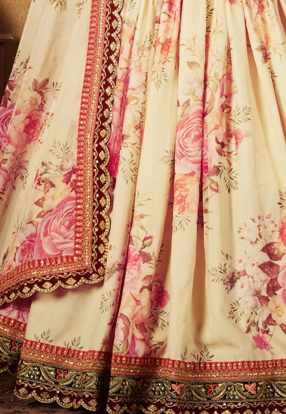 Digital Printed Organza Lehenga in Light Beige