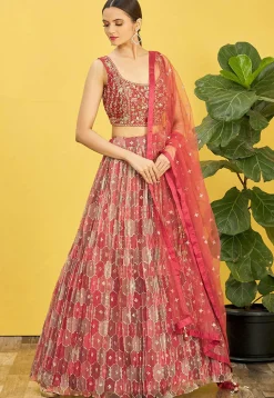 Digital Printed Organza Lehenga in Pink and Dark Old Rose