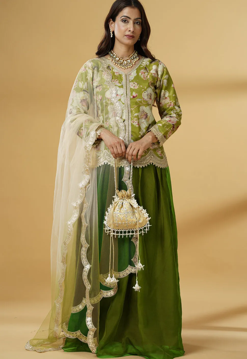 Digital Printed Organza Lehenga in Dark Green