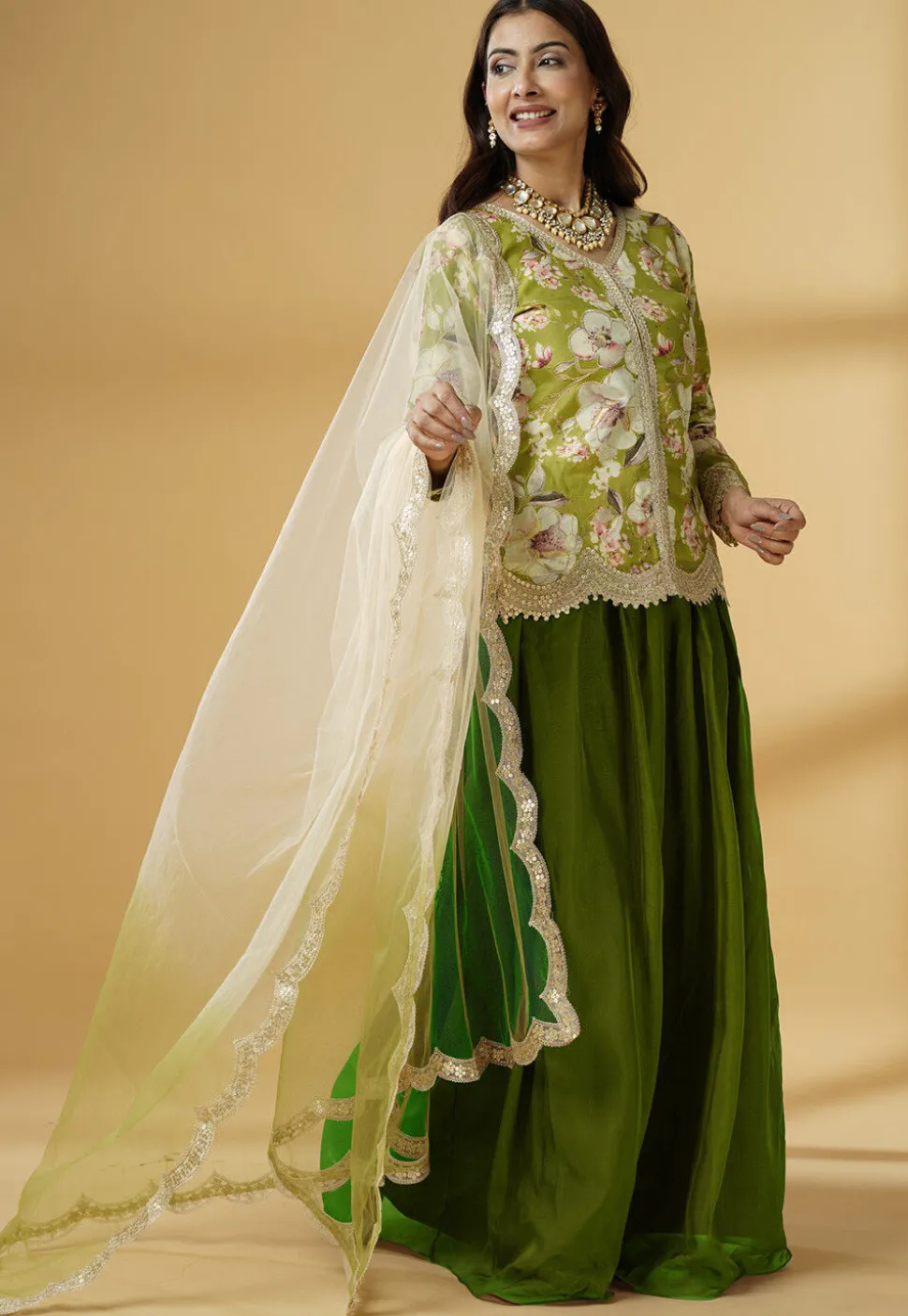 Digital Printed Organza Lehenga in Dark Green