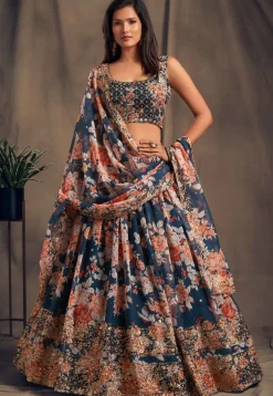 Digital Printed Organza Lehenga in Dark Teal Blue