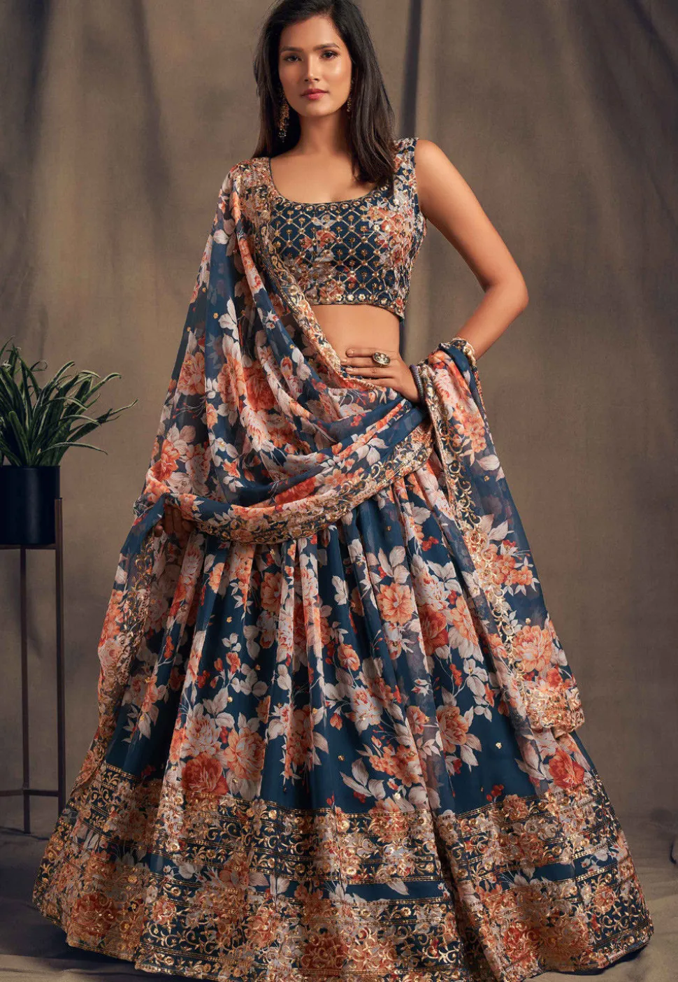 Digital Printed Organza Lehenga in Dark Teal Blue