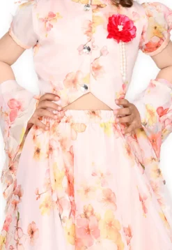 Digital Printed Organza Lehenga in Peach