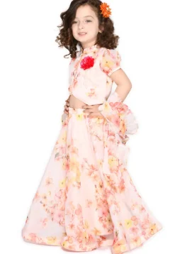 Digital Printed Organza Lehenga in Peach
