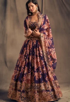 Digital Printed Organza Lehenga in Purple