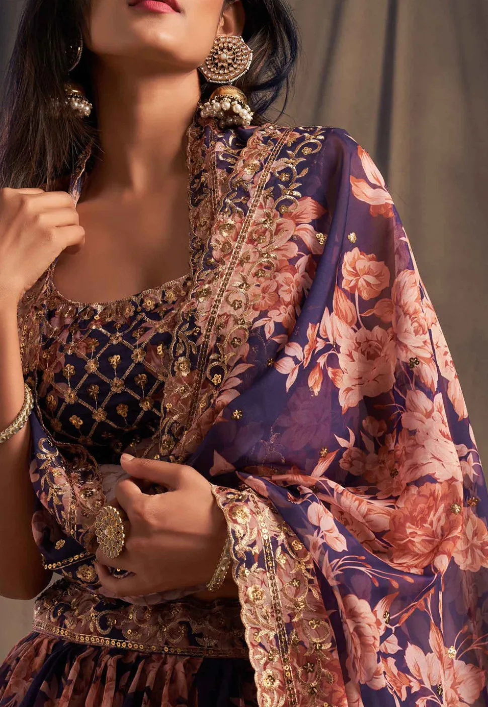 Digital Printed Organza Lehenga in Purple