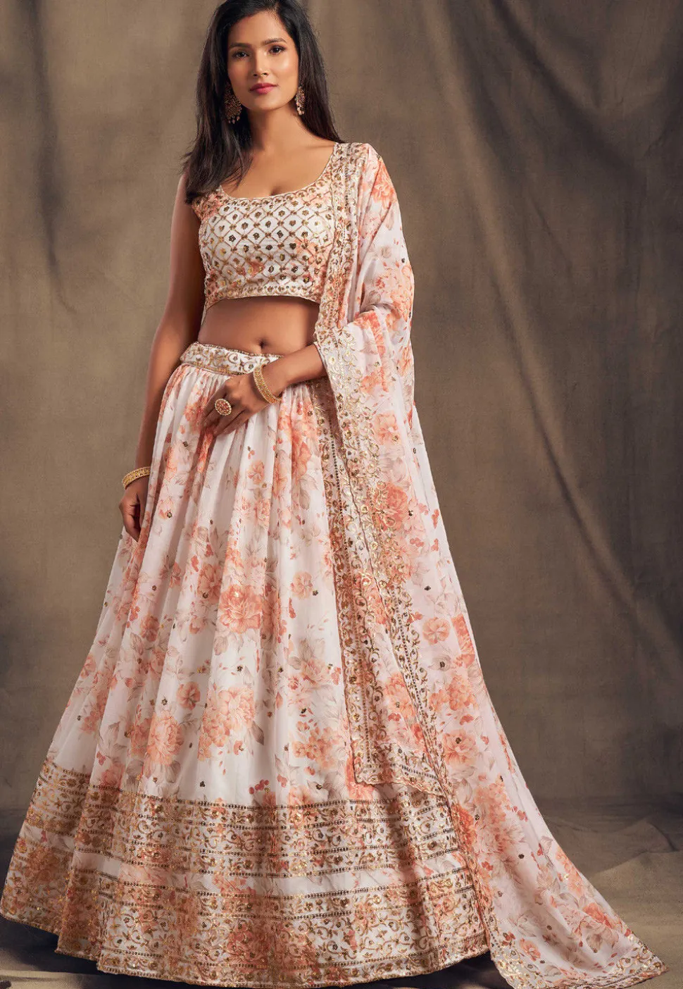 Digital Printed Organza Lehenga in Off White